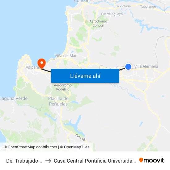 Del Trabajador - Industrial to Casa Central Pontificia Universidad Católica De Valparaíso map