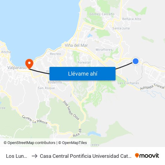 Los Lunes 187 to Casa Central Pontificia Universidad Católica De Valparaíso map