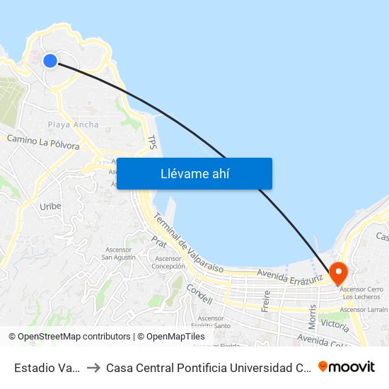 Estadio Valparaiso to Casa Central Pontificia Universidad Católica De Valparaíso map