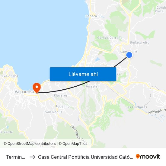 Terminal Bus to Casa Central Pontificia Universidad Católica De Valparaíso map