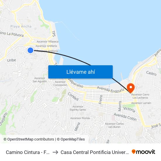 Camino Cintura - Francisco Echaurren to Casa Central Pontificia Universidad Católica De Valparaíso map