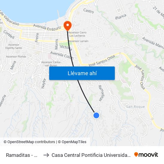 Ramaditas - Montecasino to Casa Central Pontificia Universidad Católica De Valparaíso map