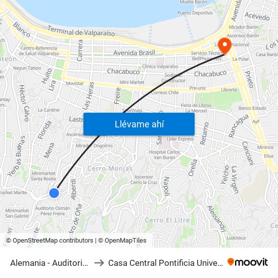 Alemania - Auditorio Osman Perez Freire to Casa Central Pontificia Universidad Católica De Valparaíso map