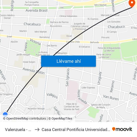 Valenzuela - Calle Cinco to Casa Central Pontificia Universidad Católica De Valparaíso map