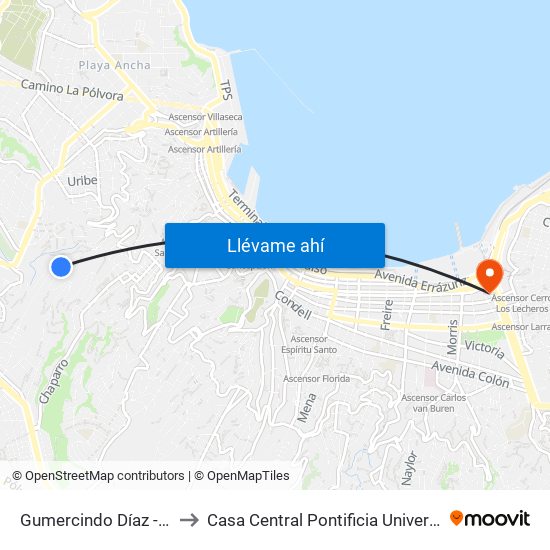 Gumercindo Díaz - Calle Uno / Oriente to Casa Central Pontificia Universidad Católica De Valparaíso map