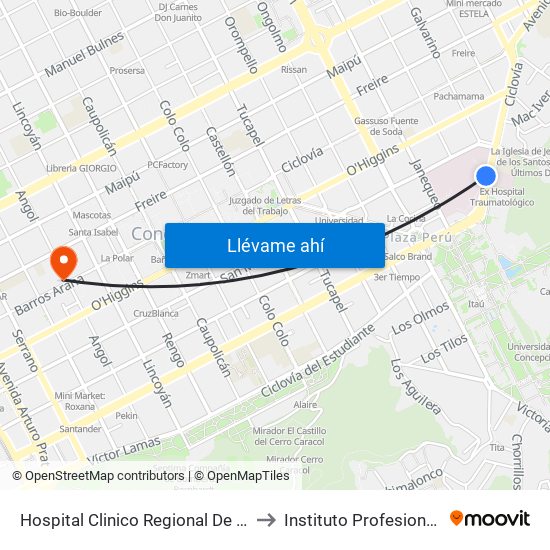 Hospital Clinico Regional De Concepcion Esq Roosevelt to Instituto Profesional Providencia (Ipp) map