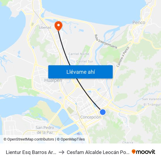 Lientur Esq Barros Arana to Cesfam Alcalde Leocán Portus map