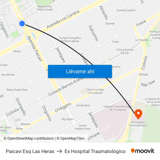 Paicavi Esq Las Heras to Ex Hospital Traumatológico map
