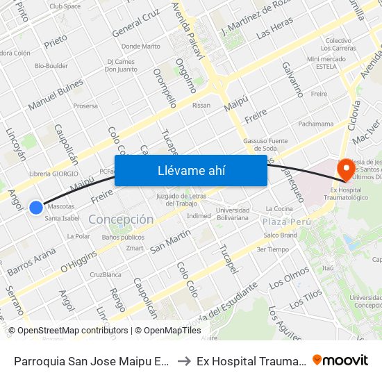 Parroquia San Jose  Maipu Esq Lincoyan to Ex Hospital Traumatológico map
