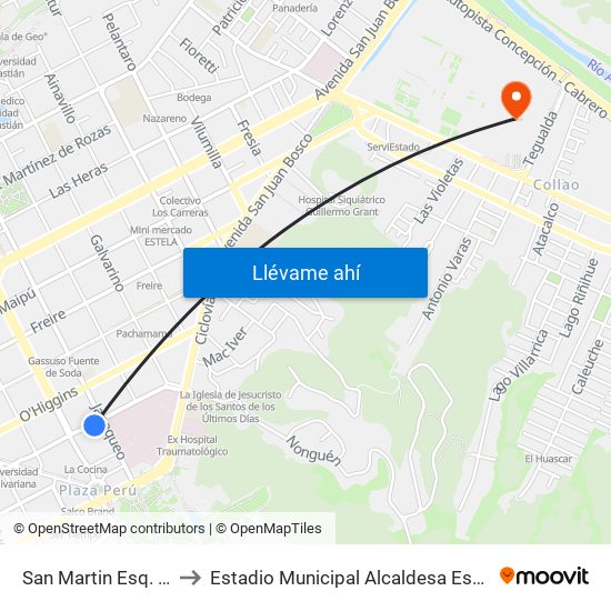 San Martin Esq. Janequeo to Estadio Municipal Alcaldesa Ester Roa Rebolledo map