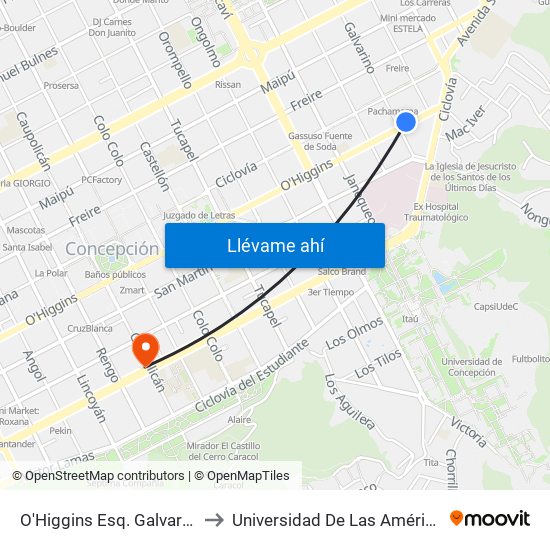 O'Higgins Esq. Galvarino to Universidad De Las Américas map
