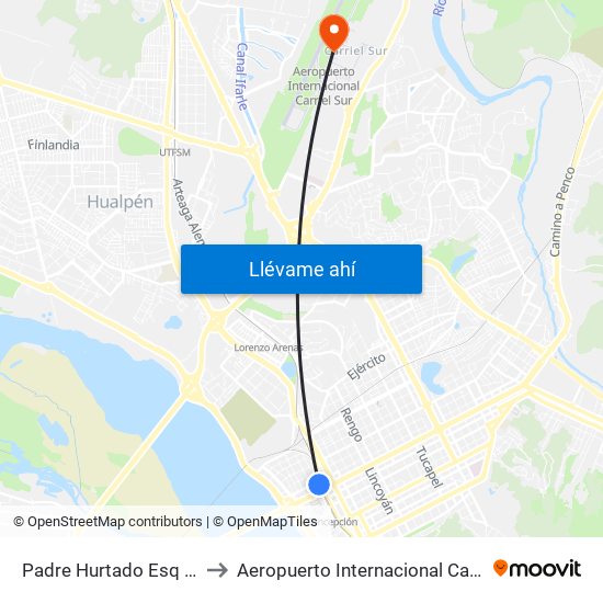 Padre Hurtado Esq Las Heras to Aeropuerto Internacional Carriel Sur - CCP map