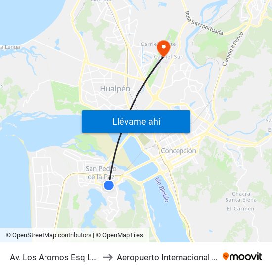 Av. Los Aromos Esq Los Canelos  Sur to Aeropuerto Internacional Carriel Sur - CCP map