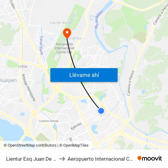 Lientur Esq Juan De Dios Rivera to Aeropuerto Internacional Carriel Sur - CCP map