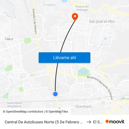 Central De Autobuses Norte (5 De Febrero Y Epigmenio González) to El Salitre map