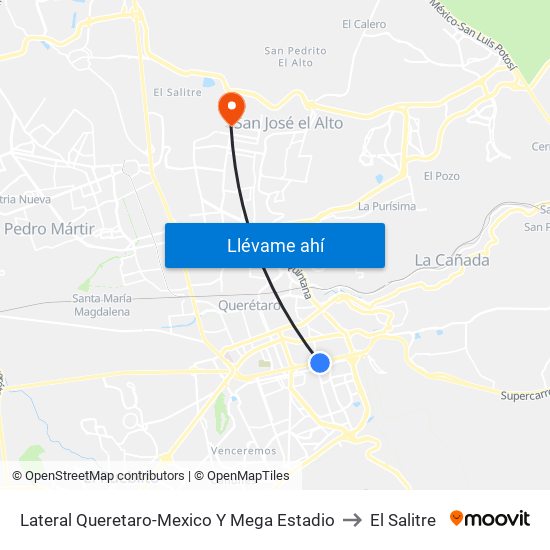 Lateral Queretaro-Mexico Y Mega Estadio to El Salitre map