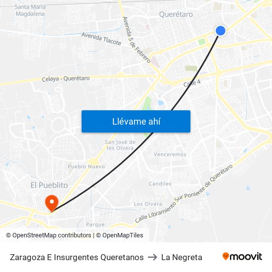 Zaragoza E Insurgentes Queretanos to La Negreta map
