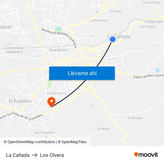 La Cañada to Los Olvera map