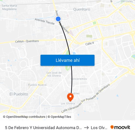 5 De Febrero Y Universidad Autonoma De Qro. to Los Olvera map