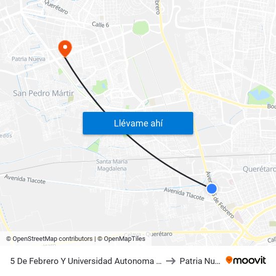 5 De Febrero Y Universidad Autonoma De Qro. to Patria Nueva map