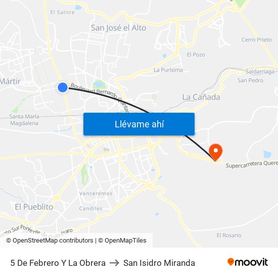 5 De Febrero Y La Obrera to San Isidro Miranda map