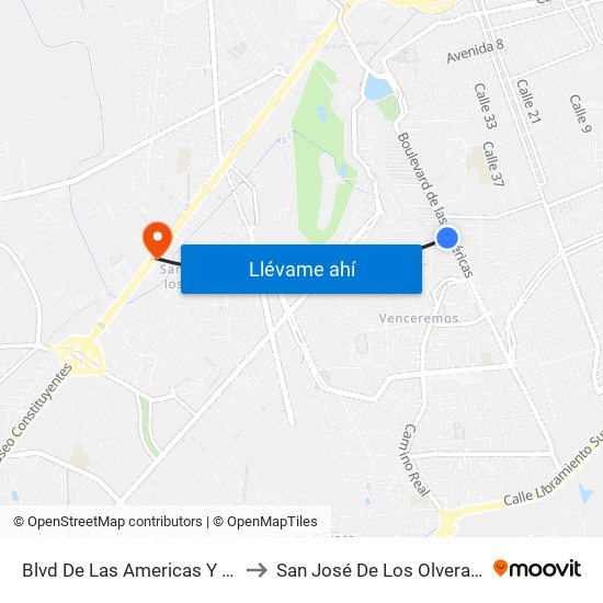 Blvd De Las Americas Y Enrique Bordes to San José De Los Olvera - Venceremos map