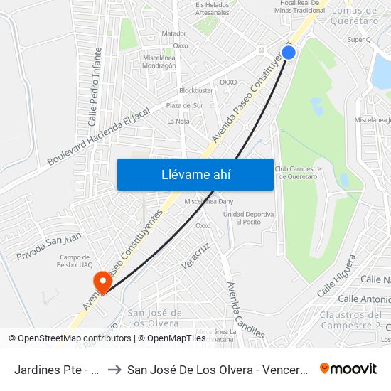 Jardines Pte - Ote to San José De Los Olvera - Venceremos map