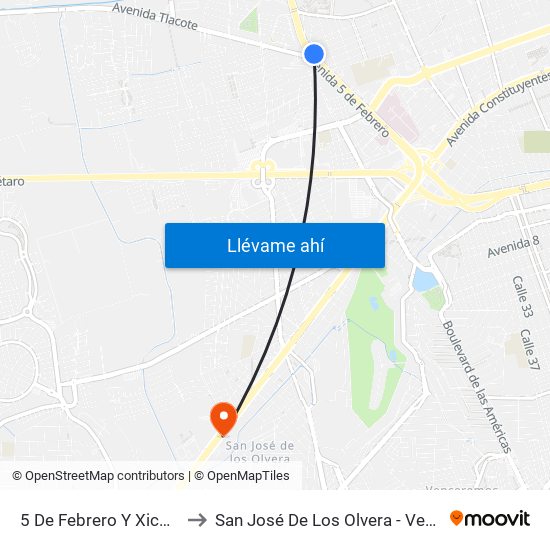 5 De Febrero Y Xicotencatl to San José De Los Olvera - Venceremos map