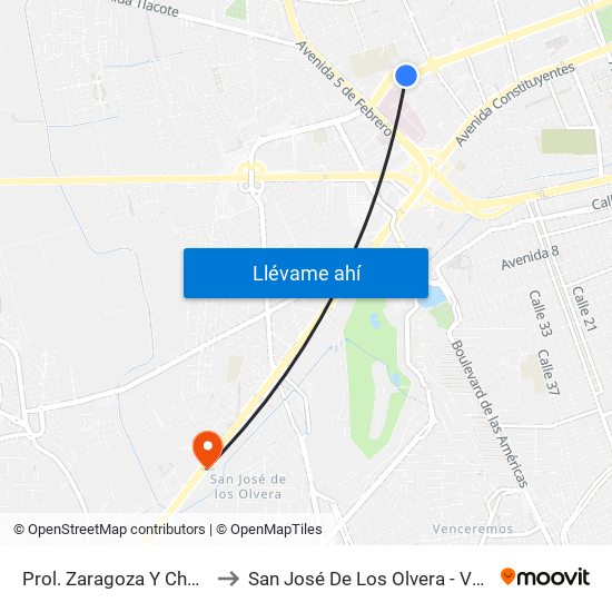 Prol. Zaragoza Y Churubusco to San José De Los Olvera - Venceremos map
