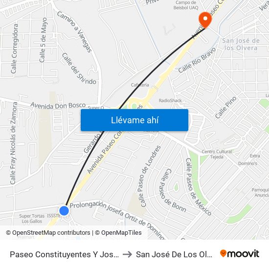 Paseo Constituyentes Y Josefa Ortiz De Dominguez to San José De Los Olvera - Venceremos map