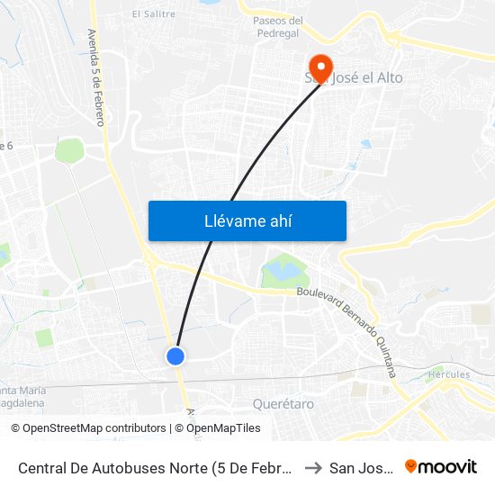 Central De Autobuses Norte (5 De Febrero Y Epigmenio González) to San José El Alto map