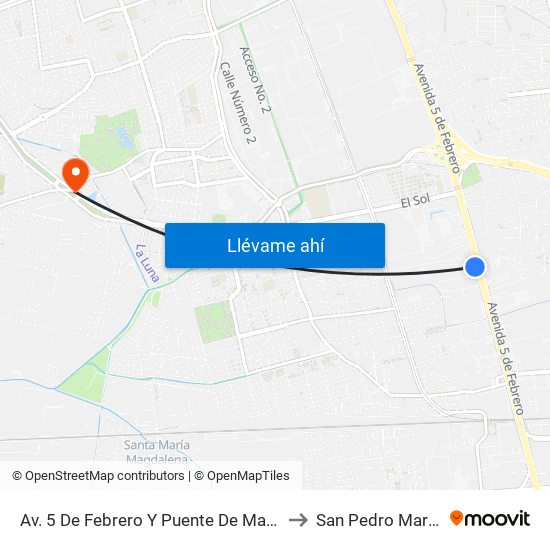 Av. 5 De Febrero Y Puente De Mabe to San Pedro Martir map