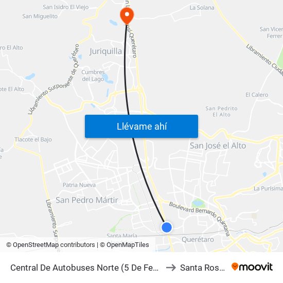 Central De Autobuses Norte (5 De Febrero Y Epigmenio González) to Santa Rosa Jauregui map