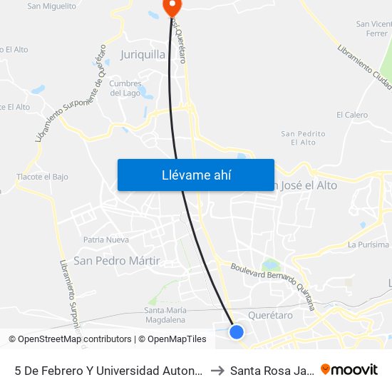 5 De Febrero Y Universidad Autonoma De Qro. to Santa Rosa Jauregui map