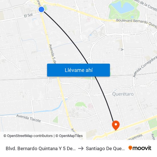 Blvd. Bernardo Quintana Y 5 De Febrero to Santiago De Querétaro map