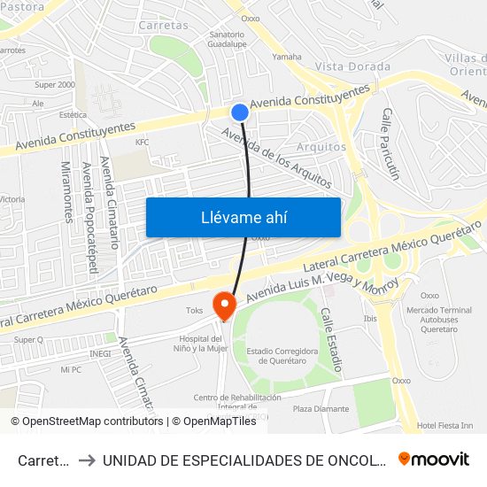 Carretas to UNIDAD DE ESPECIALIDADES DE ONCOLOGÍA map