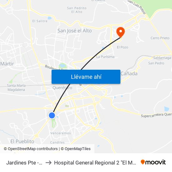 Jardines Pte - Ote to Hospital General Regional 2 "El Marqués" map