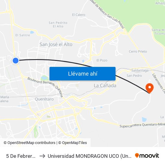 5 De Febrero Y Acceso IV to Universidad MONDRAGON UCO (Universidad MONDRAGÓN MÉXICO) map