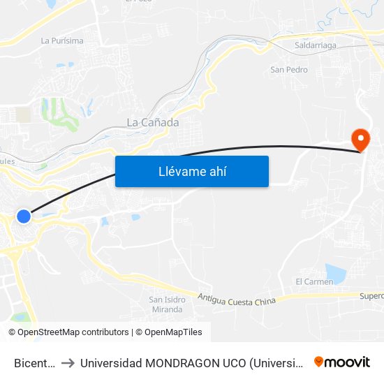 Bicentenario to Universidad MONDRAGON UCO (Universidad MONDRAGÓN MÉXICO) map