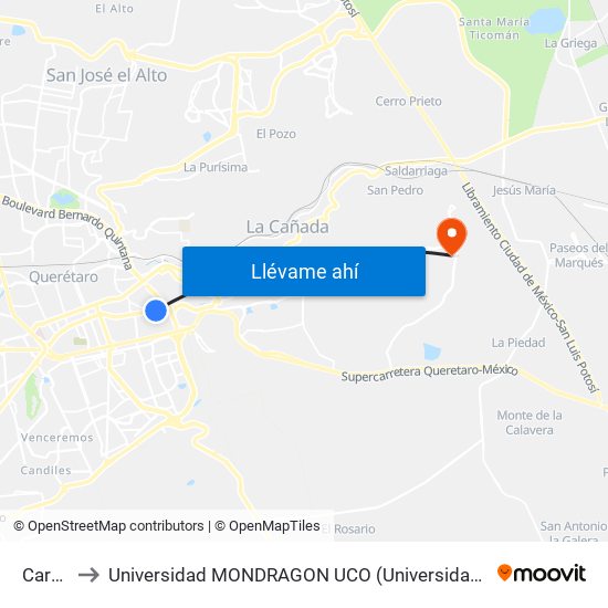 Carretas to Universidad MONDRAGON UCO (Universidad MONDRAGÓN MÉXICO) map