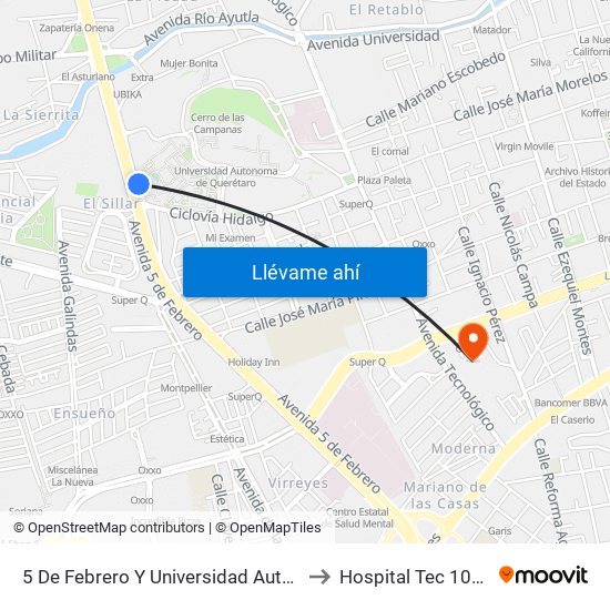 5 De Febrero Y Universidad Autonoma De Qro. to Hospital Tec 100 Torre 3 map