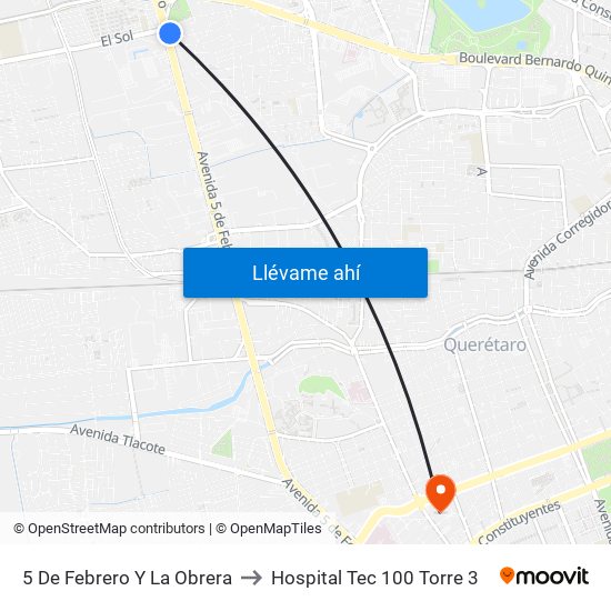 5 De Febrero Y La Obrera to Hospital Tec 100 Torre 3 map