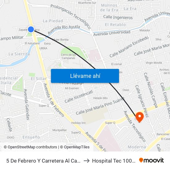 5 De Febrero Y Carretera Al Campo Militar to Hospital Tec 100 Torre 3 map