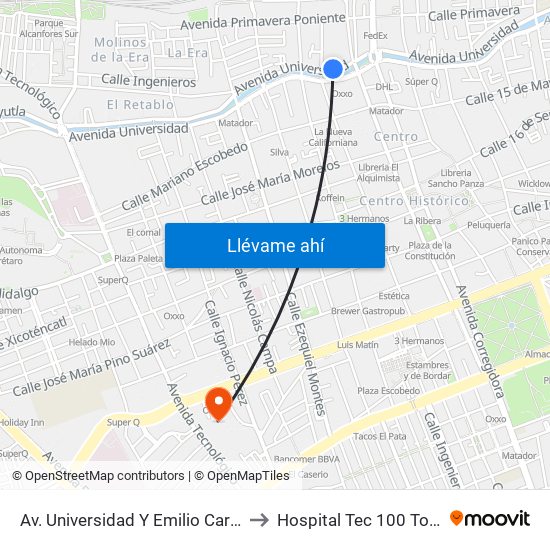Av. Universidad Y Emilio Carranza to Hospital Tec 100 Torre 3 map