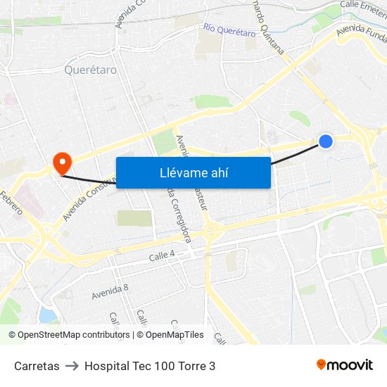Carretas to Hospital Tec 100 Torre 3 map