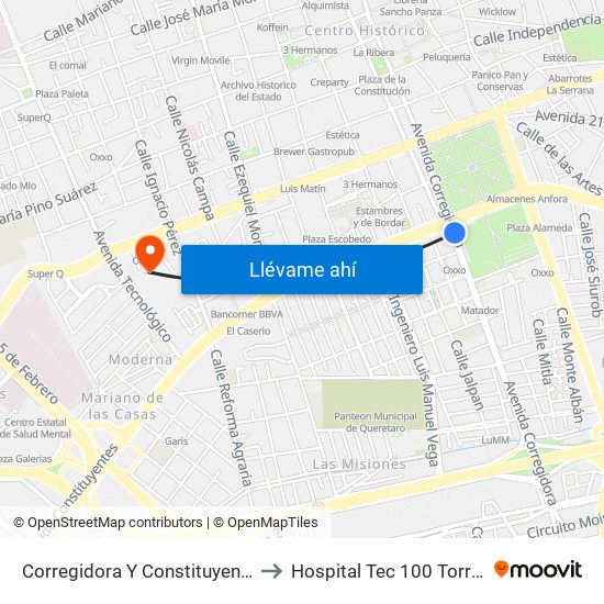 Corregidora Y Constituyentes to Hospital Tec 100 Torre 3 map