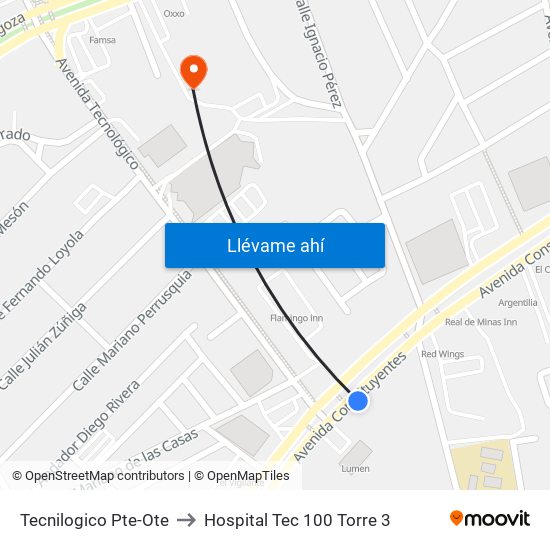 Tecnilogico Pte-Ote to Hospital Tec 100 Torre 3 map