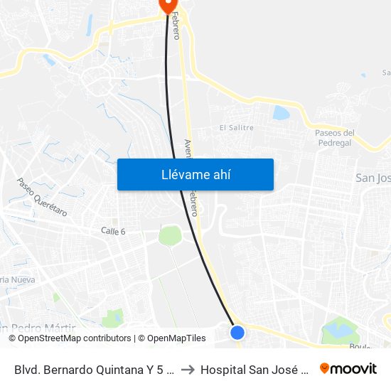 Blvd. Bernardo Quintana Y 5 De Febrero to Hospital San José Juriquilla map