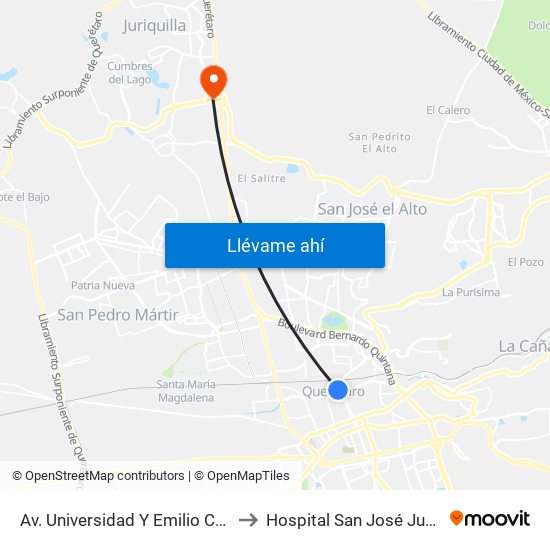 Av. Universidad Y Emilio Carranza to Hospital San José Juriquilla map