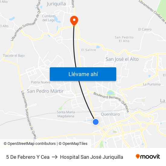 5 De Febrero Y Cea to Hospital San José Juriquilla map